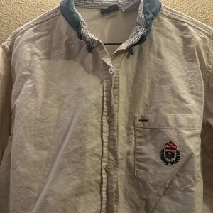 White Button-Up Shirt with Embroidered Crest